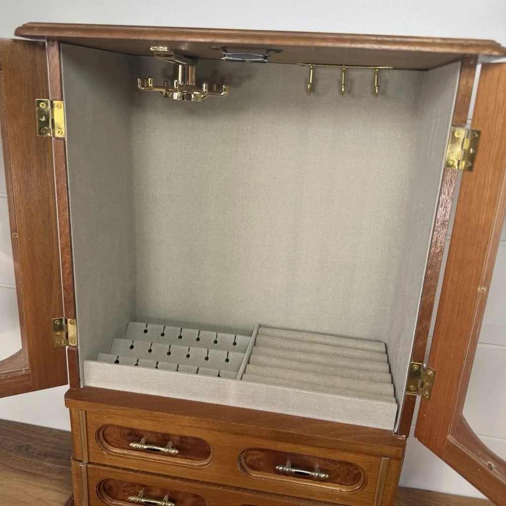 VTG Wood 2 Door Jewelry Box Armoire Cabinet w Mirror Drawers Organizer 18